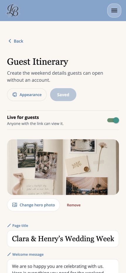 Bride customizing a wedding guest itinerary in LaBelle Bridal