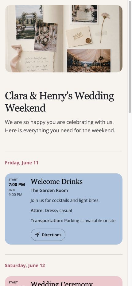Personalized wedding weekend itinerary guests can open without an account